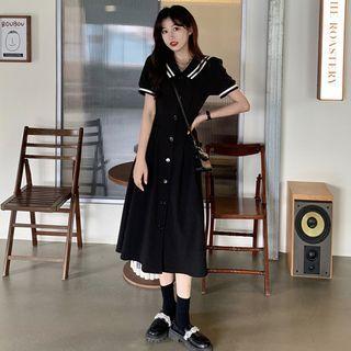 Puff-sleeve Two-tone Buttoned Mini Dress + Midi Dress