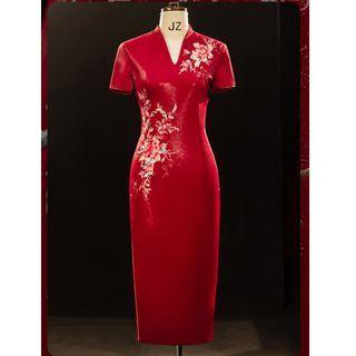 Short-sleeve Floral Print Qipao Wedding Dress