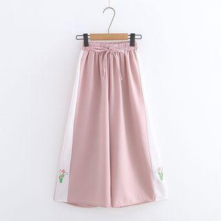 Flower Embroidered Cropped Wide-leg Pants