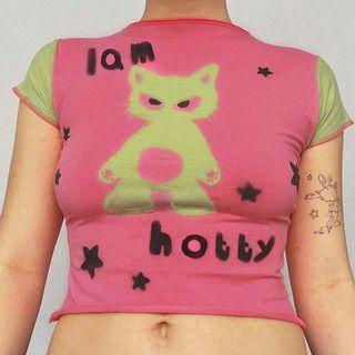 Short Sleeve Color-block Cat Print Crop Mesh Top