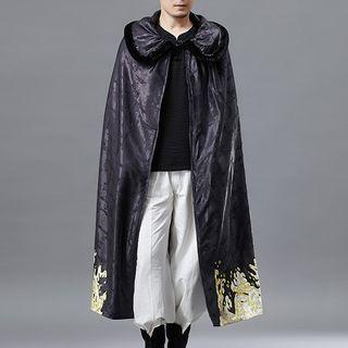 Dragon Print Frog-buttoned Long Cape As Shown In Figure - One Size