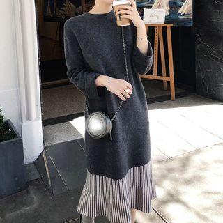 Long-sleeve Striped Panel Midi Knit Dress
