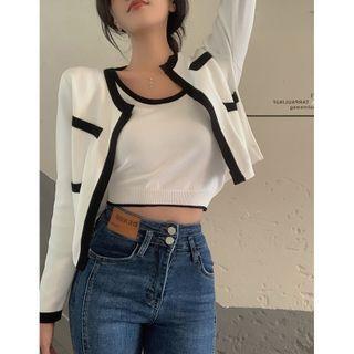 Contrasted Crop Tank Top / Open-front Light Cardigan