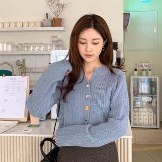 Faux-gem Button Wool Blend Cardigan Sky Blue - One Size