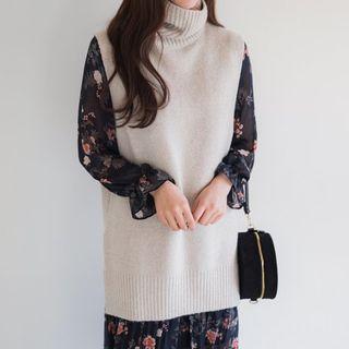 Turtle-neck Sleeveless Long Knit Top