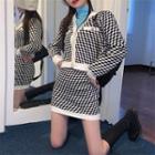 Set: Long-sleeve Plaid Knit Cardigan +  A-line Mini Skirt Set - One Size
