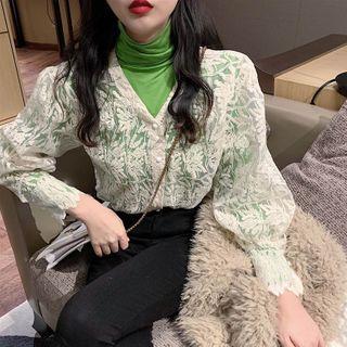 Plain Turtleneck Long-sleeve T-shirt / Lace Cardigan