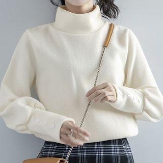 Lantern-sleeve Mock Neck Plain Knit Top