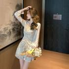 Long-sleeve V-neck Drawstring Dotted Mini Dress