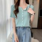Short-sleeve V-neck Plain Button-up Slim-fit Cropped Cardigan