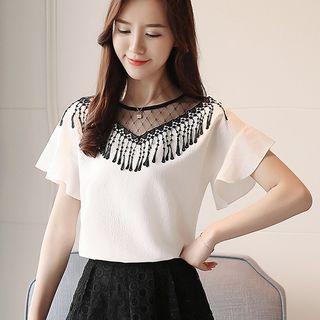 Mesh Panel Short-sleeve Fringe Top