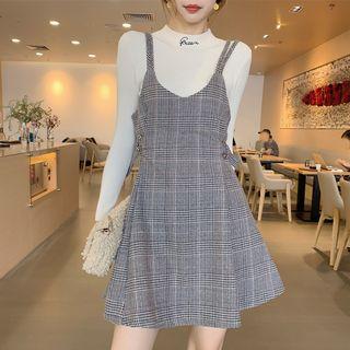 Mock-neck Long-sleeve Knit Top / Plaid Spaghetti Strap A-line Dress
