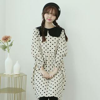Pilgrim-collar Polka-dot Corduroy Dress