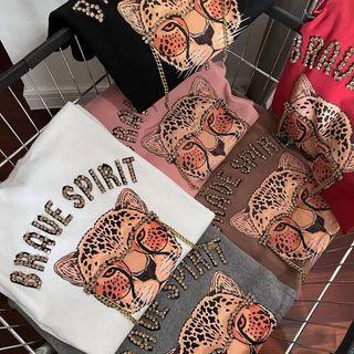 Short-sleeve Rhinestone Tiger Print T-shirt