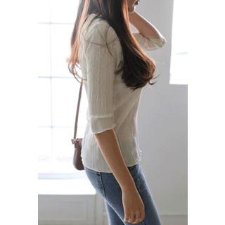 Elbow-sleeve Ribbed Sheer Top