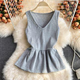Plain V-neck Ruffled Tank Top