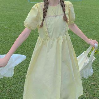 Short-sleeve Frill Trim Midi A-line Dress Yellow - One Size