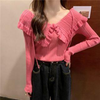 Ruffled Trim Ribbed Knit Top