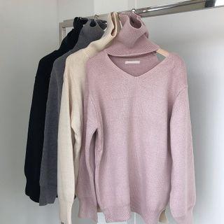 Turtleneck Plain Cutout Sweater