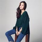 V-neck Slit-cuff Loose-fit Knit Top