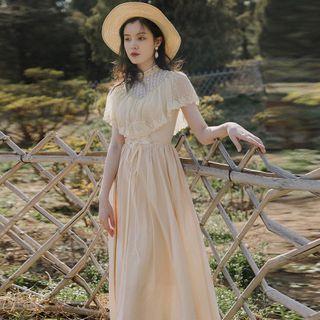 Short-sleeve Lace Mock-neck A-line Midi Dress