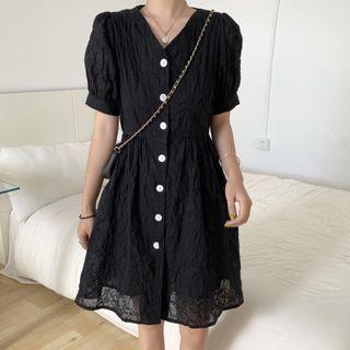 Puff-sleeve Plain V-neck Dress