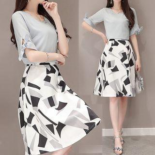 Set: Elbow-sleeve Chiffon Blouse + Printed A-line Skirt