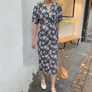 Short-sleeve Floral Midi Sheath Dress