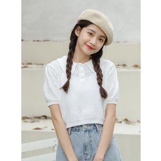 Puff-sleeve Pointelle Polo Knit Top
