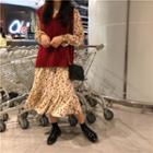 Long-sleeve Floral Print Midi Dress / Knit Vest