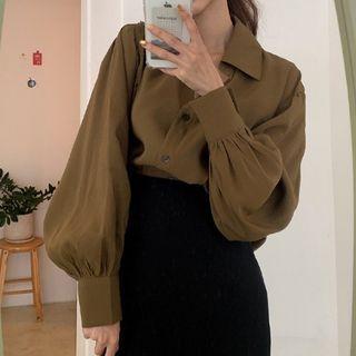 Lapel Flare Long-sleeve Plain Shirt / High Waist Plain Skirt