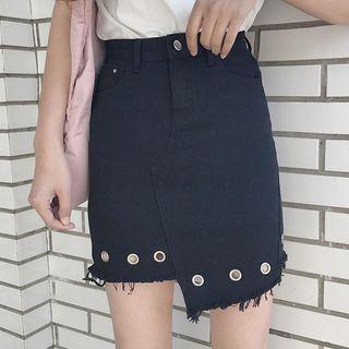 Eyelet Detail Asymmetric Denim Skirt