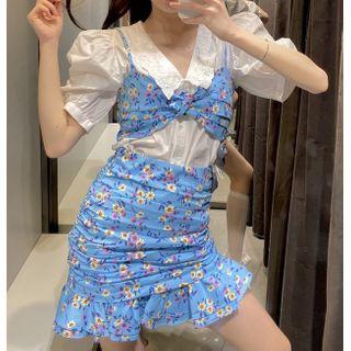 Short-sleeve Plain Blouse / Floral Cropped Camisole Top / Floral Mini Skirt