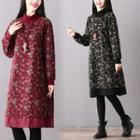 Flower Print Panel Hooded Quilted Coat
