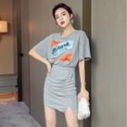 Set: Elbow-sleeve Lettering Print T-shirt + Fitted Mini Skirt
