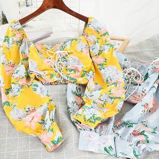 Flower Print Lace Up Long-sleeve Crop Top