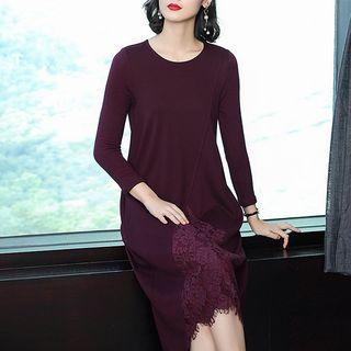 Long-sleeve Lace Panel Midi Balloon Dress