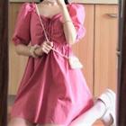 Drawstring Short-sleeve Mini A-line Dress Cherry Pink - One Size
