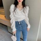 Puff-sleeve Crisscross Crinkle Plain Blouse