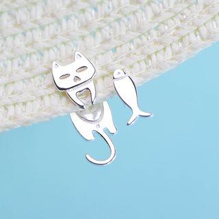 925 Sterling Silver Non-matching Cat & Fish Stud Earring Silver Stud - 1 Pair - Silver - One Size