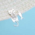 925 Sterling Silver Non-matching Cat & Fish Stud Earring Silver Stud - 1 Pair - Silver - One Size