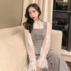 Lace Long-sleeve Top / Color-block Plaid Jumper Pants