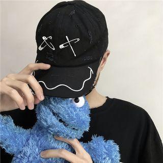 Embroidered Safety Pin Distressed Baseball Cap