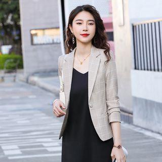 Plaid Blazer / Spaghetti Strap Midi A-line Dress