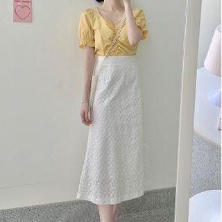 Balloon-sleeve Shirred Blouse / Floral Embroidered Midi A-line Skirt