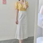 Balloon-sleeve Shirred Blouse / Floral Embroidered Midi A-line Skirt