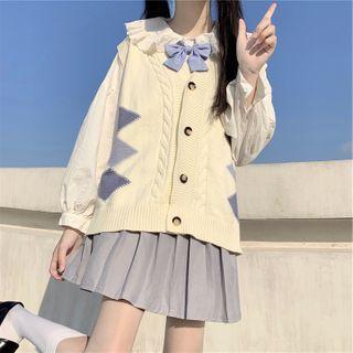 Knit Vest / Bow Blouse / Pleated Mini Skirt