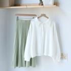 Collared Pointelle Knit Sweater / A-line Midi Knit Skirt
