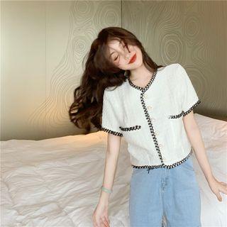 Short-sleeve Contrast Trim Buttoned Knit Top As Shown In Figure - One Size
