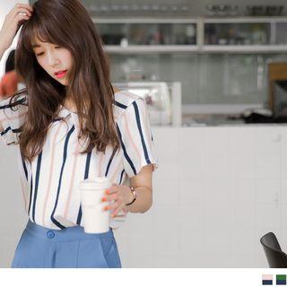Short Sleeve Peter Pan Collar Contrast Stripe Top